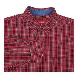 Izod Mens Red Plaid Long Sleeve Button-Down Cotton Shirt M